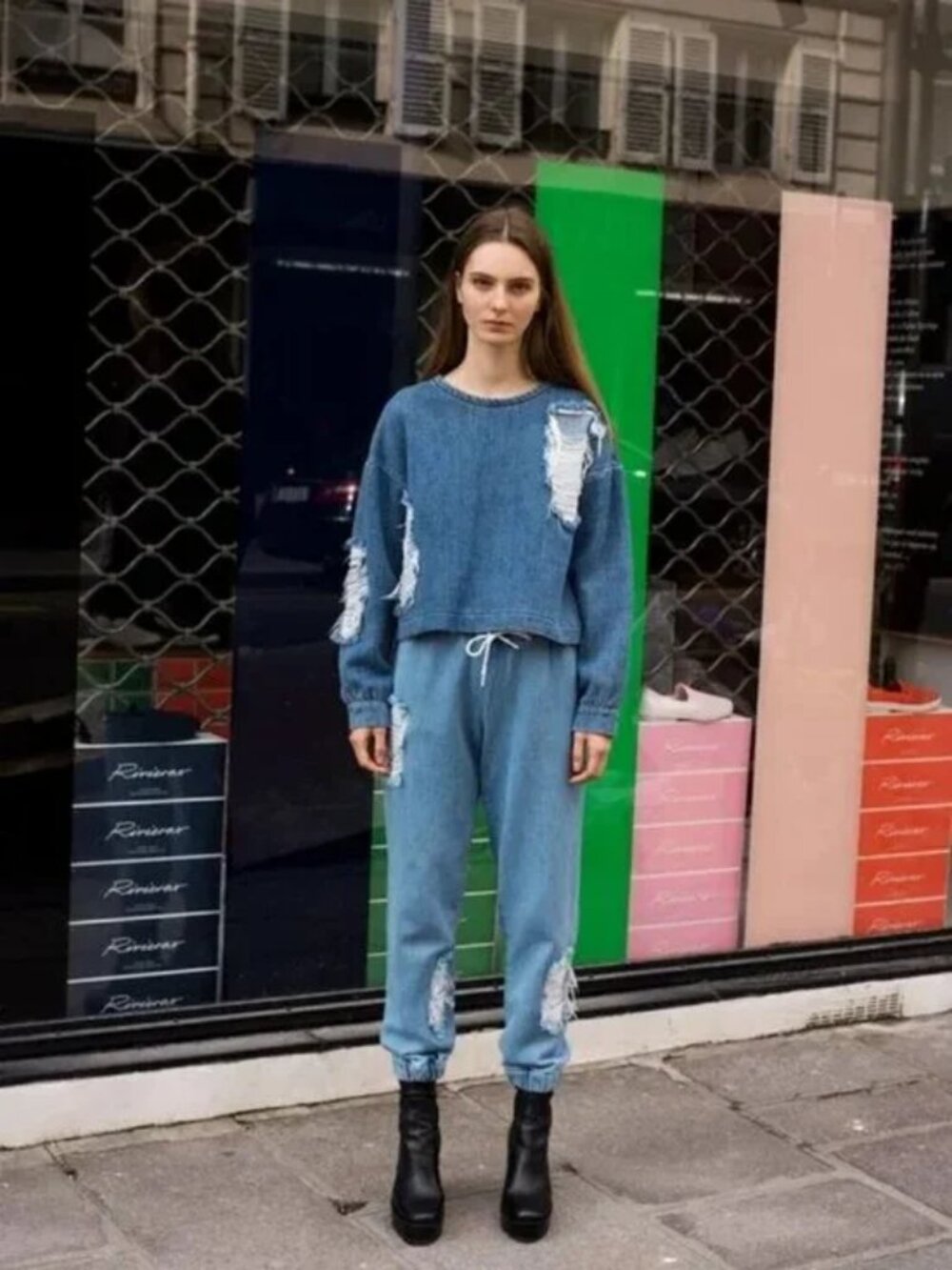 Designer Fall-Winter 2018 Ready-To-Wear Collection Distressed Denim Top Sweater - Picture 6 of 16